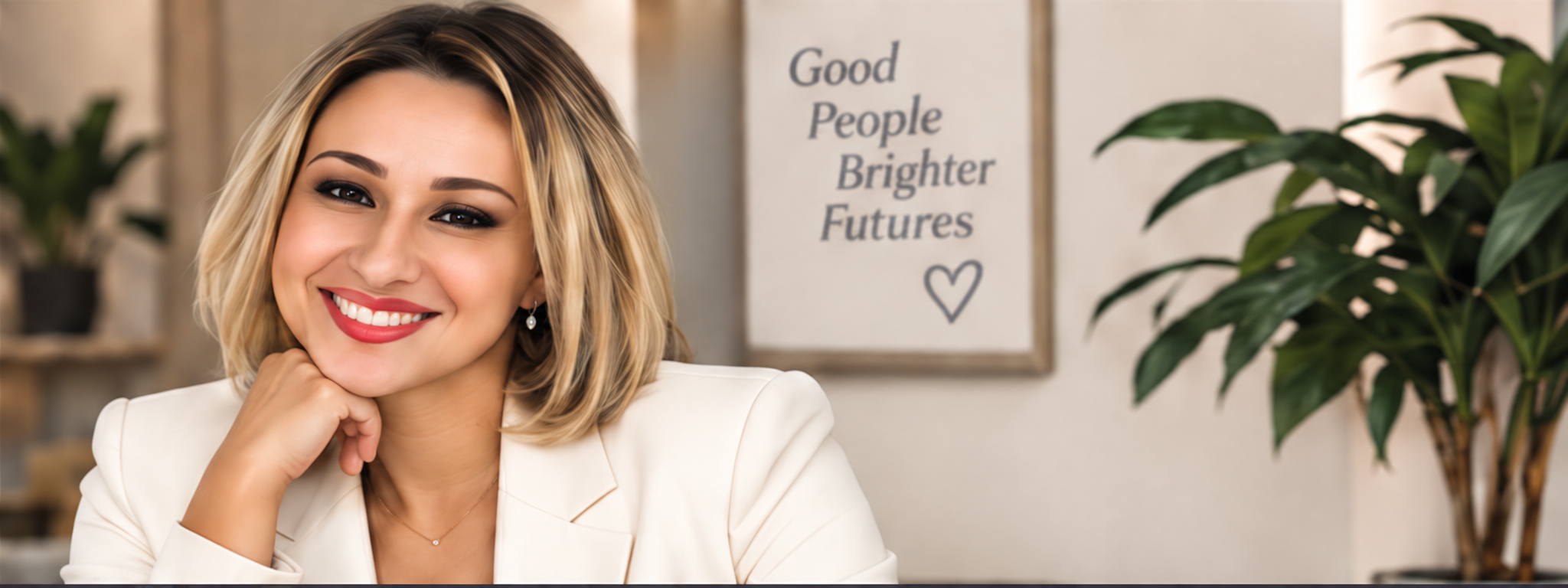 Elona at her desk, smiling, chin on hand, beside a framed print reading Good People Brighter Futures.